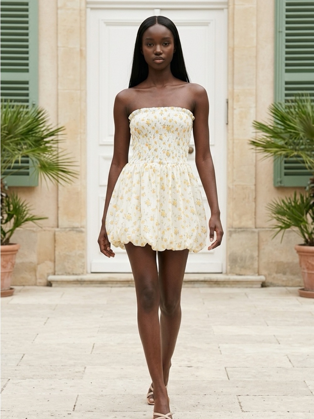 Jessica Simpson strapless mini bubble dress, white with yellow floral Sz Lrg